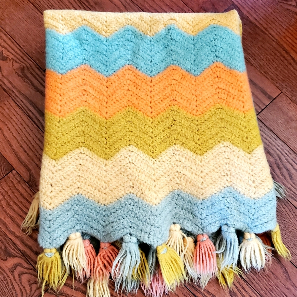 Vintage Pastel BOHO Crochet Afghan muted blanket with Fringed Throw - homemade💗